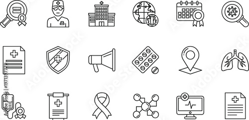 Medical healthcare line icon set including doctor hospital calendar ribbon lungs shield prescription vector outline collection symbols