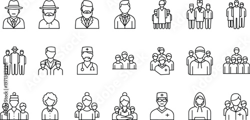 People professions line icon set with doctor engineer worker team business avatar outline vector occupation symbols collection pack