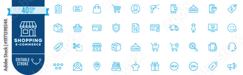 Shopping and e-commerce icon set. Contain icons related to online store, cart, payment, delivery, discount, retail, and more. Editable stroke. Vector Illustration

