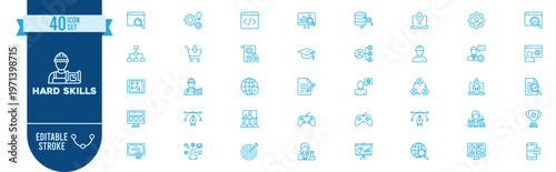 Hard skills icon set. Contain icons related to coding, engineering, database, certification, training, expertise, and more. Editable stroke. Vector Illustration