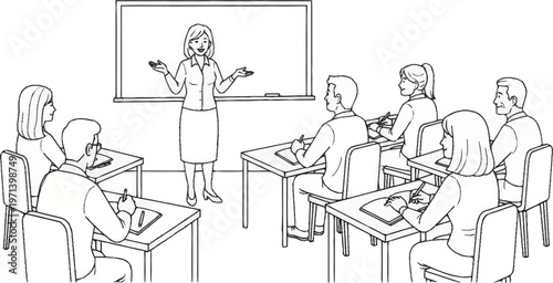 Teacher standing in front of classroom with students sitting at desks taking notes from art-12