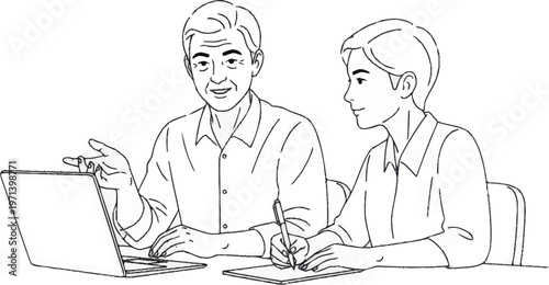 Two businessmen discuss art projects at a meeting with a laptop and notepad