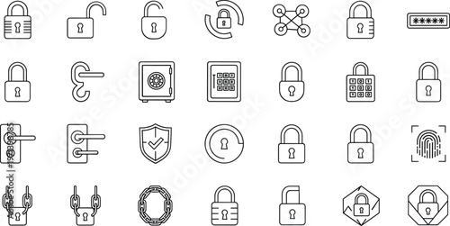 Security lock outline icon set including padlock password protection fingerprint access control cybersecurity privacy authentication and digital safety symbols