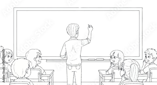 Teacher writes on empty whiteboard in front of students in classroom setting art-18.