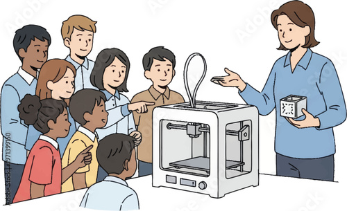 A woman demonstrates a 3D printer to a group of students in a classroom setting with art-25.