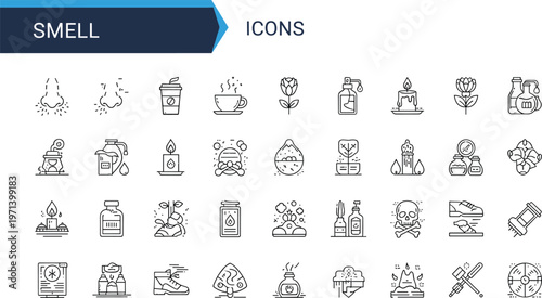 Smell sensory outline icon set including perfume aroma fragrance nose incense candle flowers hygiene odor and scent detection symbols