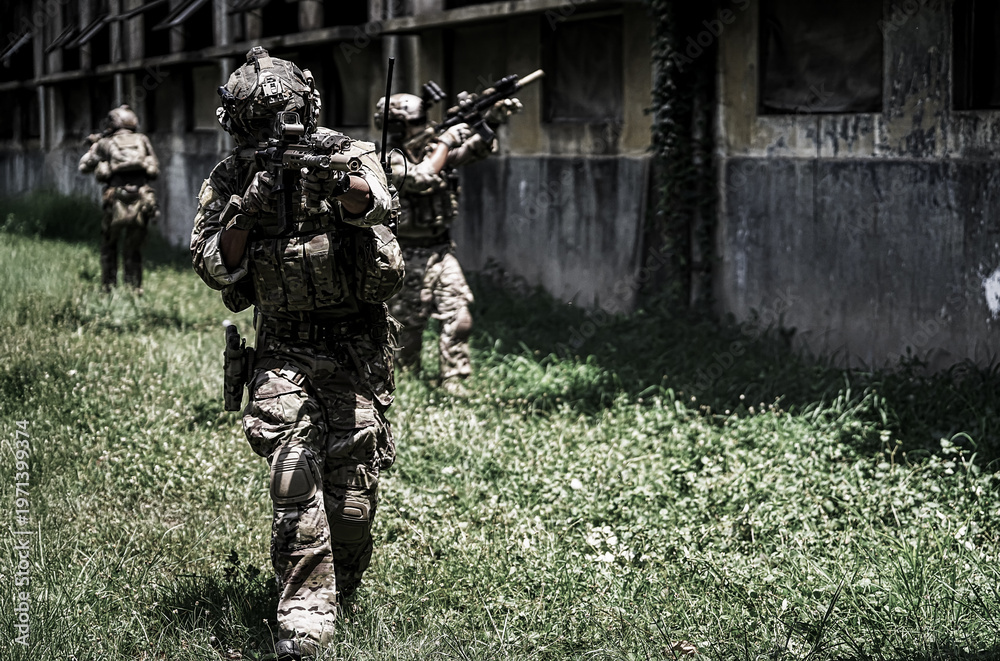 Obraz premium Soldiers in tactical gear advancing through overgrown terrain during training exercise