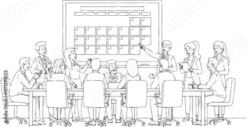 Business team discusses strategy around a conference table with a calendar on the wall art-31