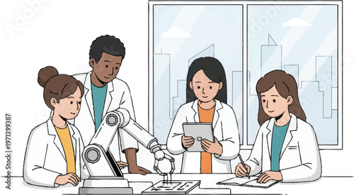 Four diverse students interact with robotic arm in laboratory setting with city view through large windows art-34