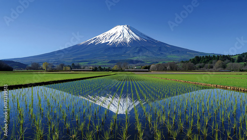 観光ポスターのように象徴的な富士山と水田の日本の風景