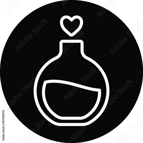 Love potion bottle icon white line art on black circle background vector outline symbol