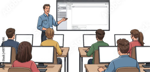 A teacher presents on a computer screen to students in a classroom setting with art-40.