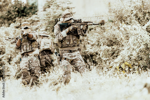 Картината върху платно Tactical military units in action during a training exercise in natural terrain