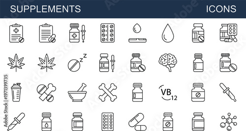 Supplements outline icon set including vitamins capsules dropper herbal cannabis brain nutrition medicine bottles and health support symbols