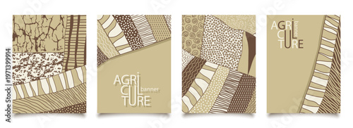Agriculture field pattern, aerial view card poster with copy space. Countryside grassland, farm land from top. Geometric farmland patches, padded mosaic country background in beige and brown colors