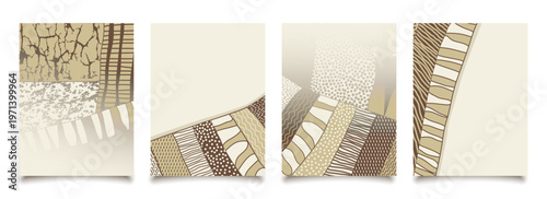 Agriculture field pattern, aerial view card poster with copy space. Countryside grassland, farm land from top. Geometric farmland patches, padded mosaic country background in beige and brown colors