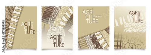 Agriculture field pattern, aerial view card poster with copy space. Countryside grassland, farm land from top. Geometric farmland patches, padded mosaic country background in beige and brown colors