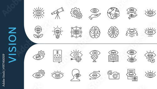 Vision eye care line icon set with eyesight ophthalmology optics retina glasses medical outline vector symbols collection pack