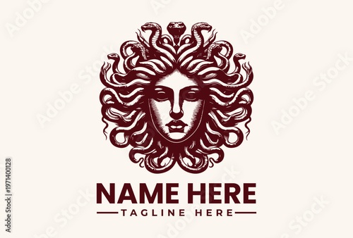 A logo featuring a stylized illustration of Medusa's head with snakes for hair, accompanied by a placeholder name and tagline in a bold, modern design on a beige background.