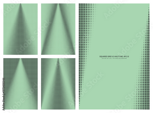 Assorted vector retro style squares grid in green hues halftone pattern set in vertical 2:3 aspect ratio including angular frame and various cone shaped textures. Varied half tone design elements
