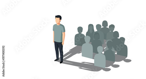 Man Standing Alone in a Crowd, Conceptual Illustration of Social Isolation, Loneliness, and Mental Health Concept