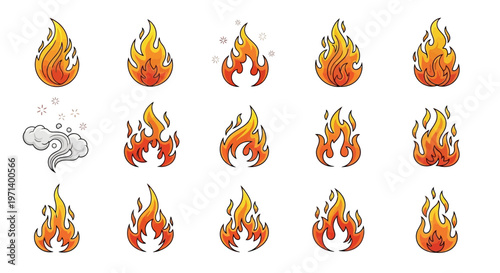 Flames burning fire icons set.