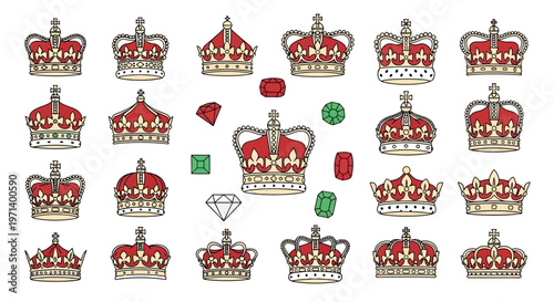 Collection of Royal Crowns and Gemstones Illustration.