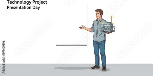 Man presenting technology project on board