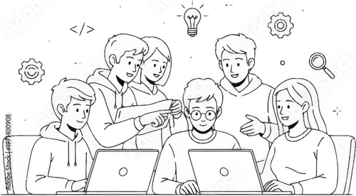 A group of young adults collaboratively working on laptops with coding symbols around them art 75