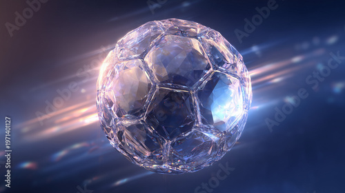 A crystalline soccer ball with a faceted surface floating in a space with streaks of light behind it