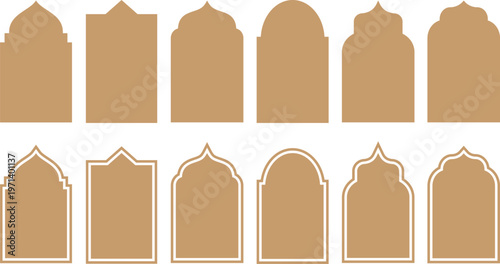 Collection of oriental style islamic vector shapes of a window or door arch mosque gate islamic arabesque pattern arab frame set on transparent background ramadan kareem silhouette icon set.