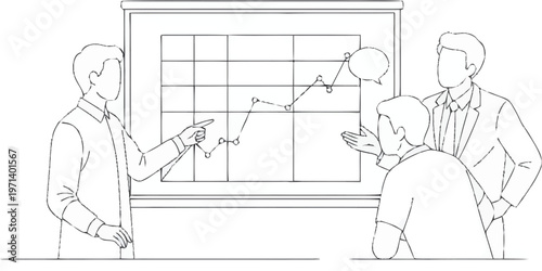 Businessmen discuss graph on presentation board in meeting room with colleagues