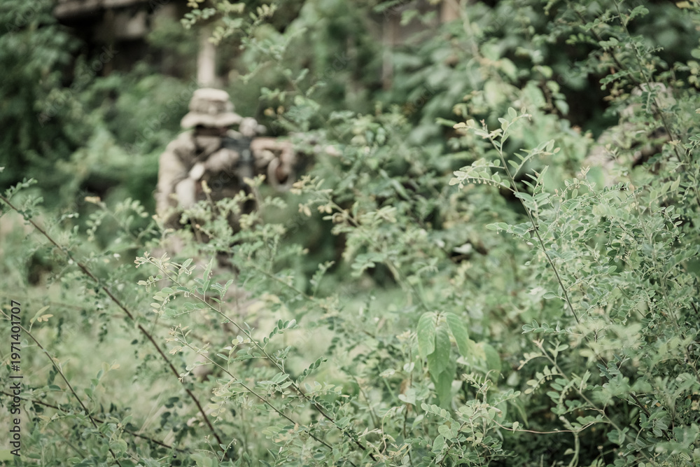 Obraz premium Soldier in camouflage gear aiming a rifle through dense green foliage