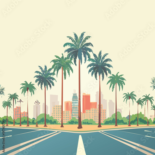 Illustrated tropical city scene with palm trees and a road under a bright sky