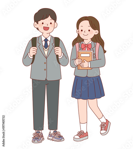 교복을 입고 등교하는 남녀 고등학생 캐릭터 일러스트 Illustration of Male and Female High School Student Characters in School Uniforms