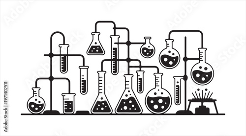 Chemistry laboratory system with connected flasks and tubes for scientific research concept