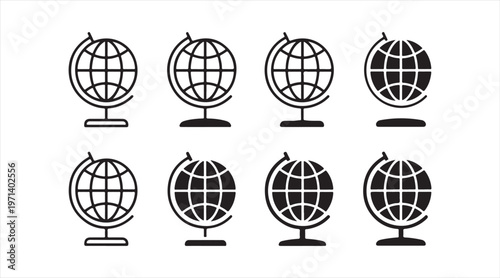 Minimal globe icon collection symbolizing worldwide business geography and global network