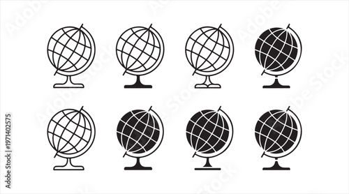 Black and white globe icons showing world map spheres for global and geography concepts