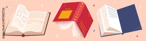 Colorful book collection set with multiple open books. Books in an educational theme with scientific and fiction literature. Learning and reading concept. Flat vector illustration.