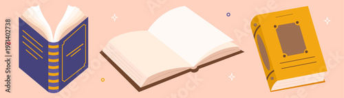 Colorful book collection set with multiple open and closed books. Books in an educational theme with scientific and fiction literature. Learning and reading concept. Flat vector illustration.