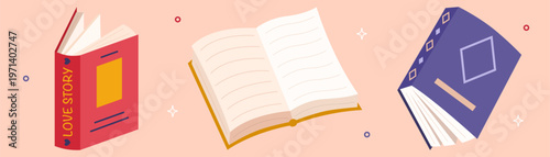 Colorful book collection set with multiple open and closed books. Books in an educational theme with scientific and fiction literature. Learning and reading concept. Flat vector illustration.
