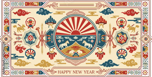 An ornate rectangular decorative panel displays traditional asian motifs including horses clouds and a central sun emblem with celebratory text high quality professional
