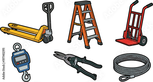Workers use tools and equipment for lifting and cutting heavy objects safely indoors.