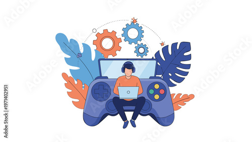 Young gamer sitting on a giant game controller while working on a laptop surrounded by leaves and gear icons.