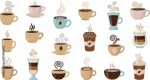 Set of coffee cups and mugs vector illustration collection with hot drinks latte espresso cappuccino takeaway icons isolated