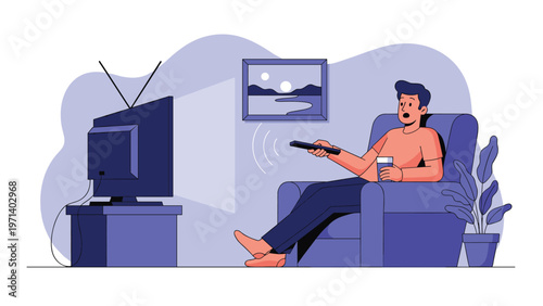 Man sitting in a comfortable armchair and watching television with a remote control and drink in a purple room.