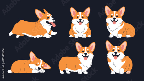 Set of charming Corgi dog illustrations showing different poses such as sitting, running, sleeping, and happy expressions.
