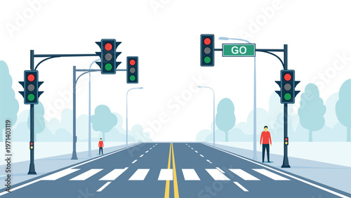 Street intersection view featuring a pedestrian crosswalk, various traffic lights, and individuals waiting at the roadside.