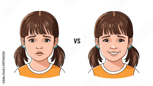 Comparative illustration showing the facial expressions of a young girl transitioning from an unhappy mood to a happy smile.