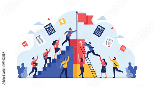 Motivated team of professionals working together to climb stairs and a ladder towards a podium to reach the goal of success.